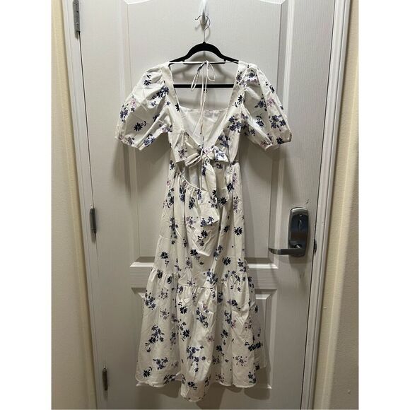 WAYF Women's Tie Back Puff Sleeve Midi Dress Ivory Stamp Floral size S NWT $128 - Picture 5 of 6
